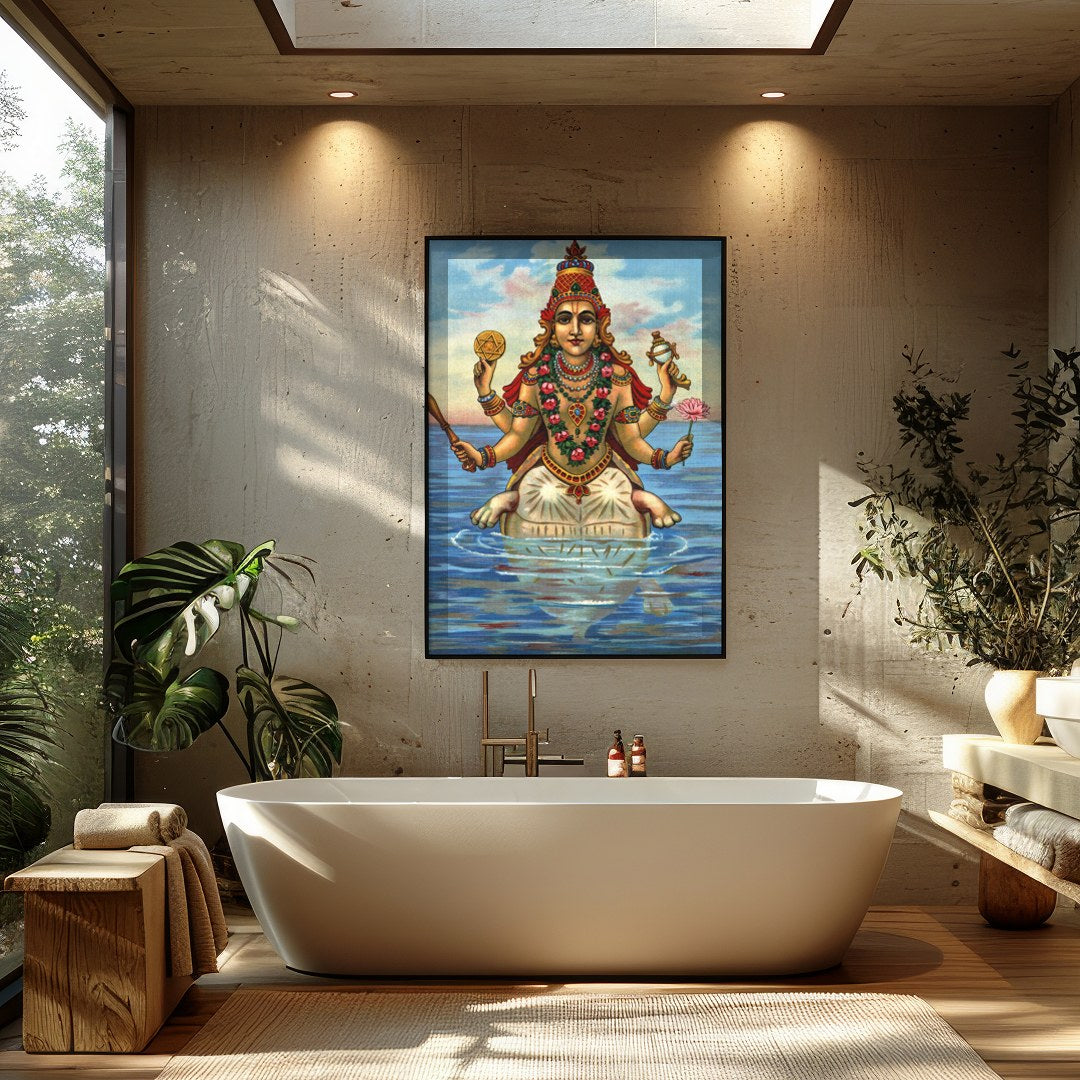 Immerse yourself in this captivating depiction of a serene goddess seated gracefully on water. The for Bathroom
