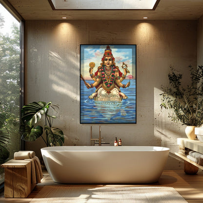 Immerse yourself in this captivating depiction of a serene goddess seated gracefully on water. The for Bathroom