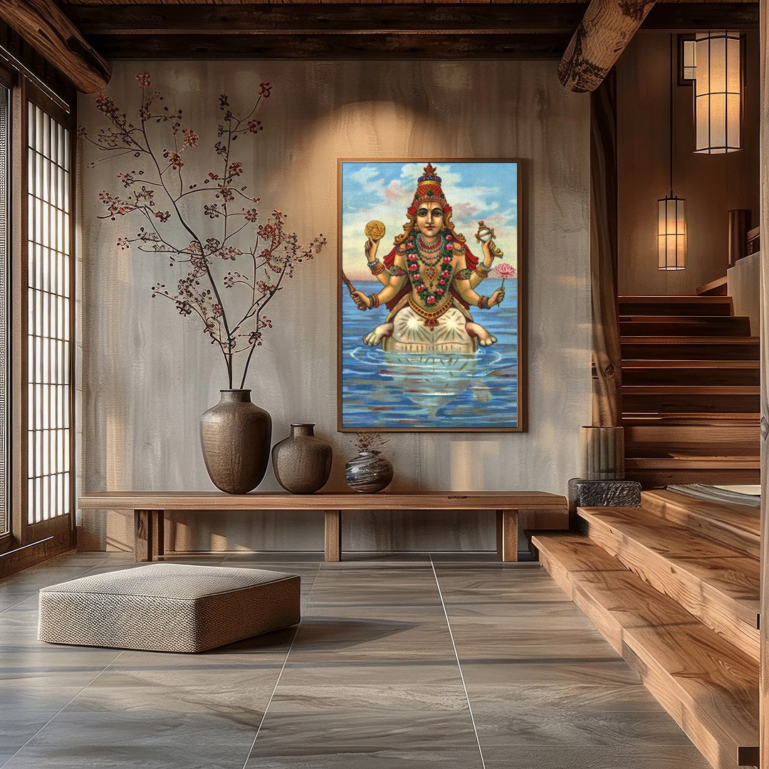 Immerse yourself in this captivating depiction of a serene goddess seated gracefully on water. The for Hall