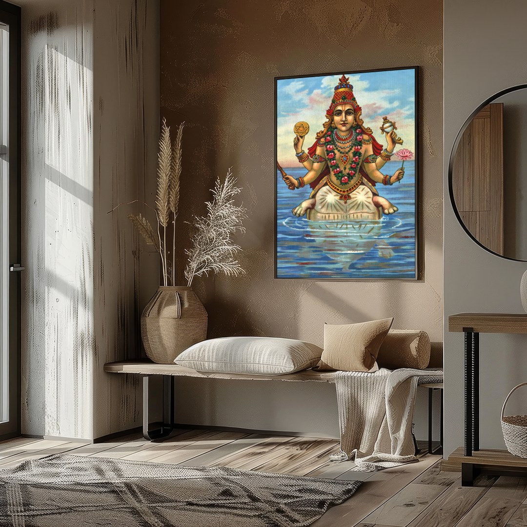 Immerse yourself in this captivating depiction of a serene goddess seated gracefully on water. The for house
