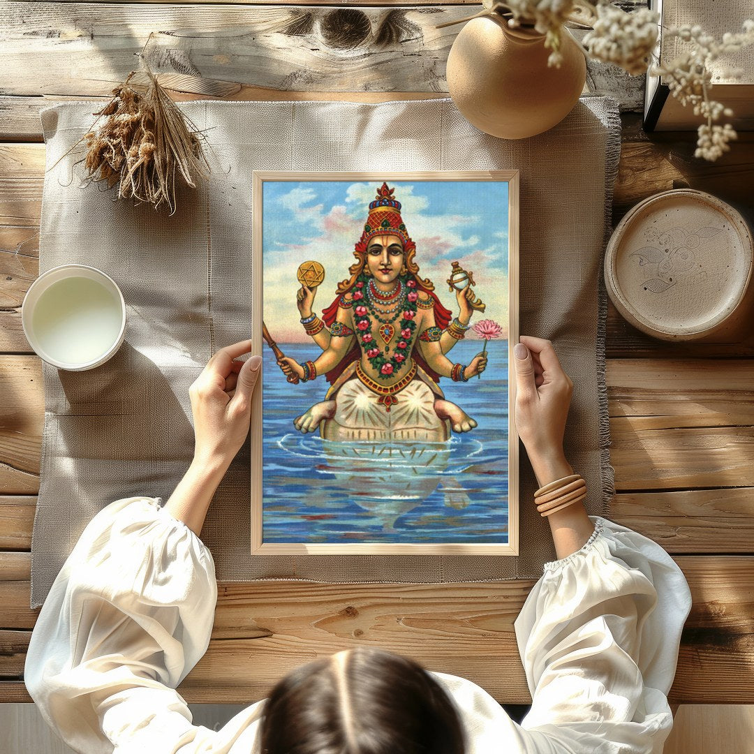 Immerse yourself in this captivating depiction of a serene goddess seated gracefully on water. The for Kitchen
