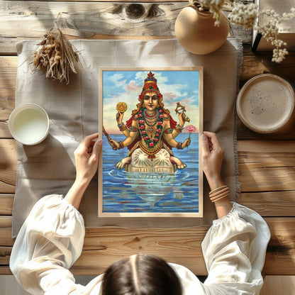 Immerse yourself in this captivating depiction of a serene goddess seated gracefully on water. The for Kitchen
