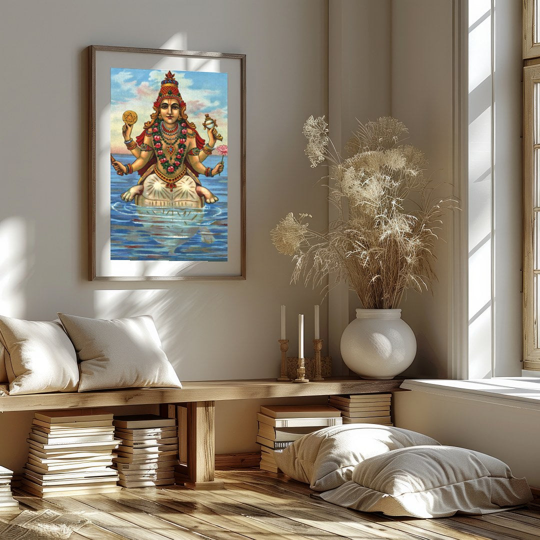 Immerse yourself in this captivating depiction of a serene goddess seated gracefully on water. The for residence