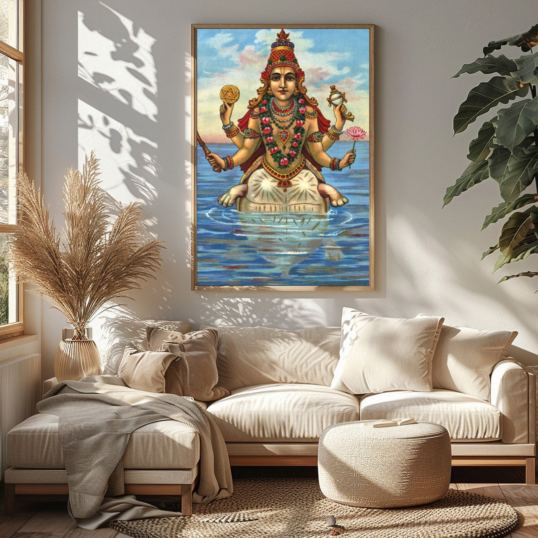 Immerse yourself in this captivating depiction of a serene goddess seated gracefully on water. The for Sitting Area