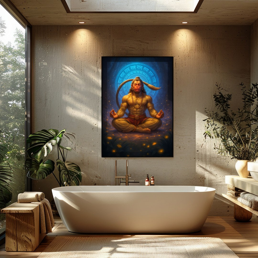 Immerse yourself in the tranquil energy of this exquisite artwork depicting Hanuman in a serene for Bathroom