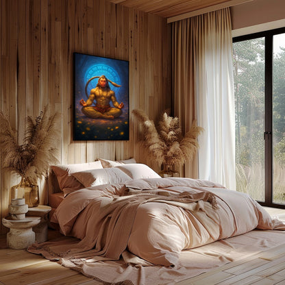 Immerse yourself in the tranquil energy of this exquisite artwork depicting Hanuman in a serene for Bedroom