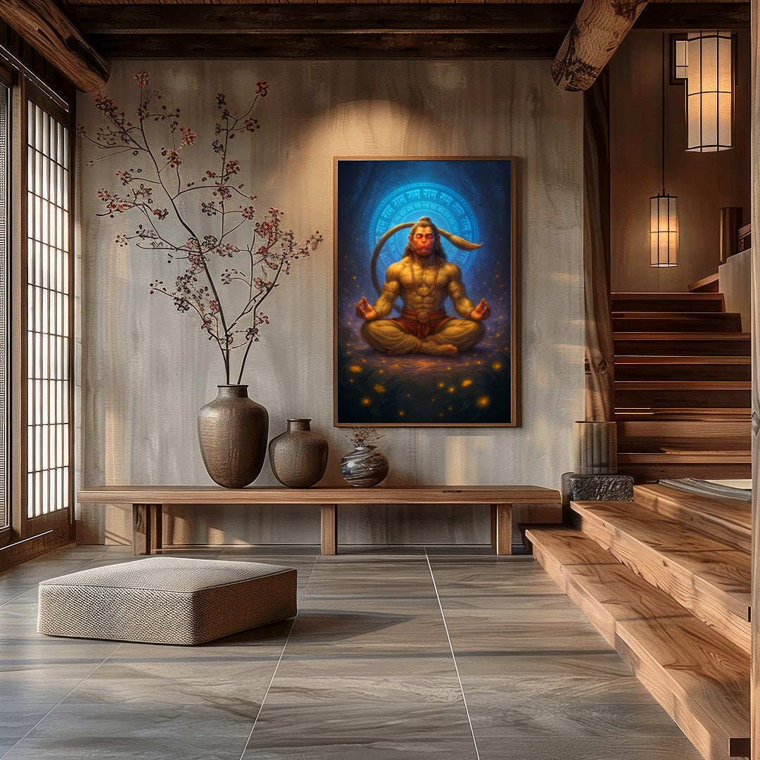 Immerse yourself in the tranquil energy of this exquisite artwork depicting Hanuman in a serene for Hall