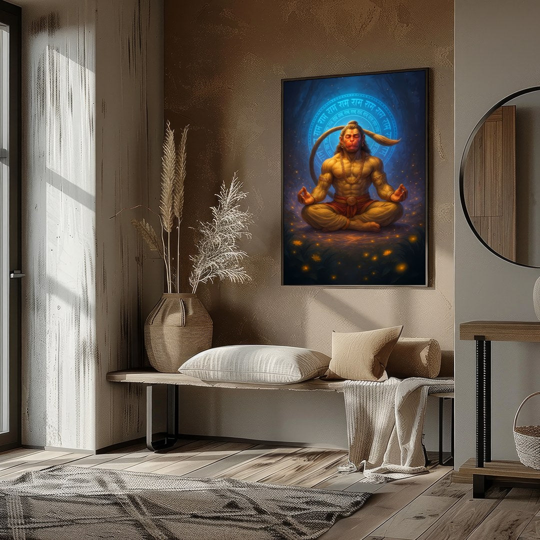 Immerse yourself in the tranquil energy of this exquisite artwork depicting Hanuman in a serene for interior