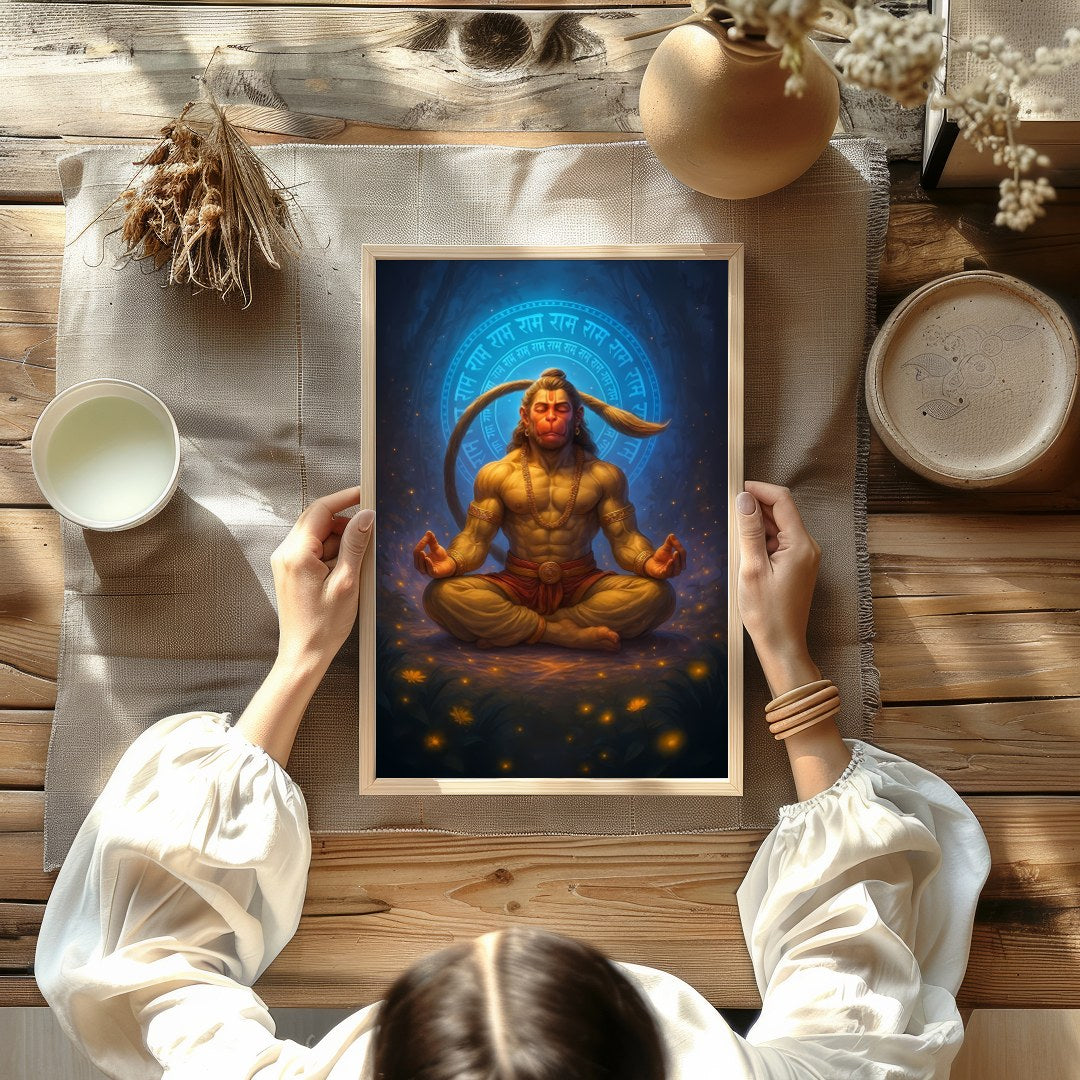 Immerse yourself in the tranquil energy of this exquisite artwork depicting Hanuman in a serene for Kitchen