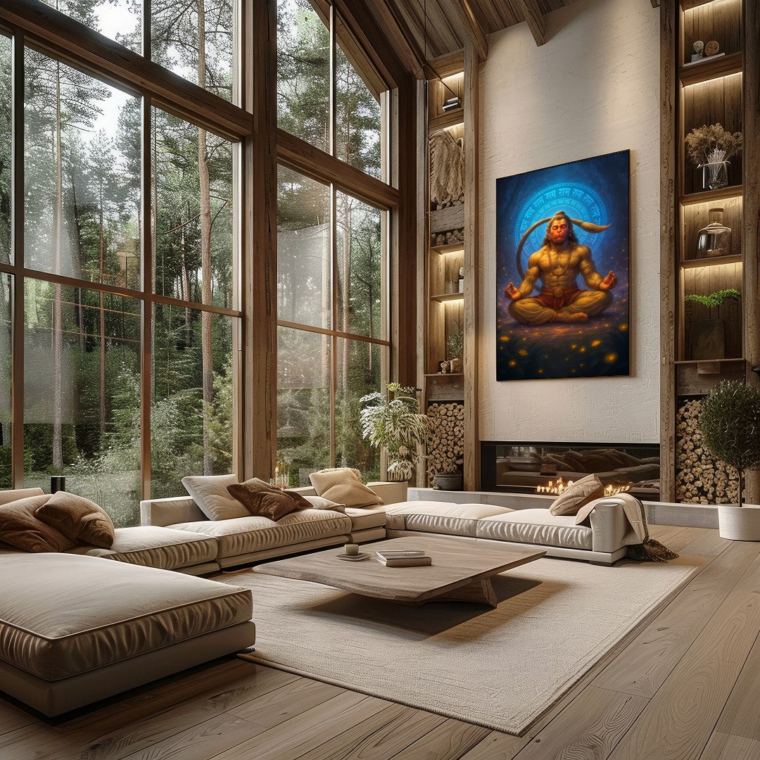 Immerse yourself in the tranquil energy of this exquisite artwork depicting Hanuman in a serene for Living Room