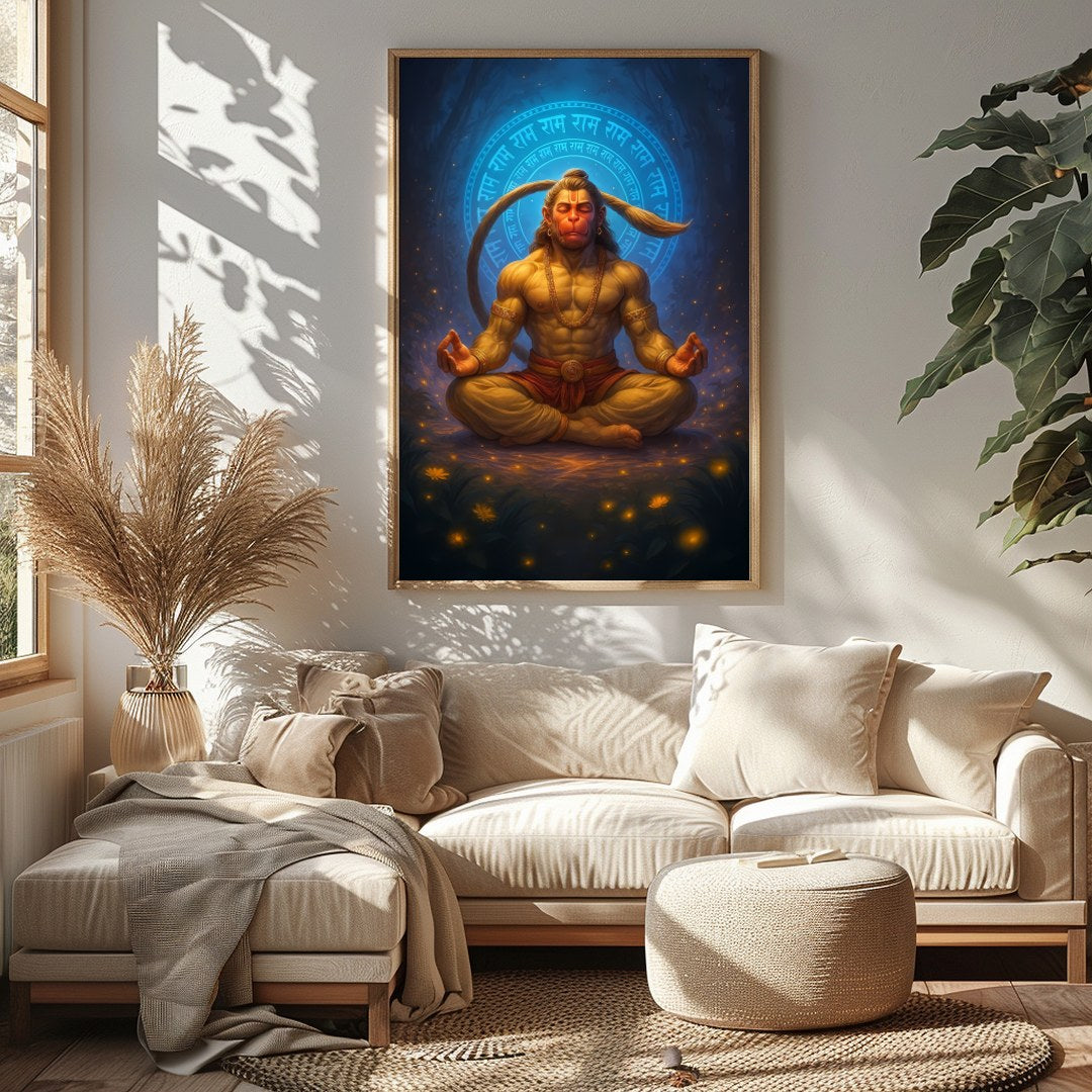 Immerse yourself in the tranquil energy of this exquisite artwork depicting Hanuman in a serene for Sitting Area