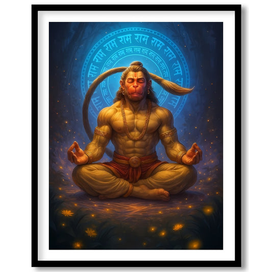 Immerse yourself in the tranquil energy of this exquisite artwork depicting Hanuman in a serene for space