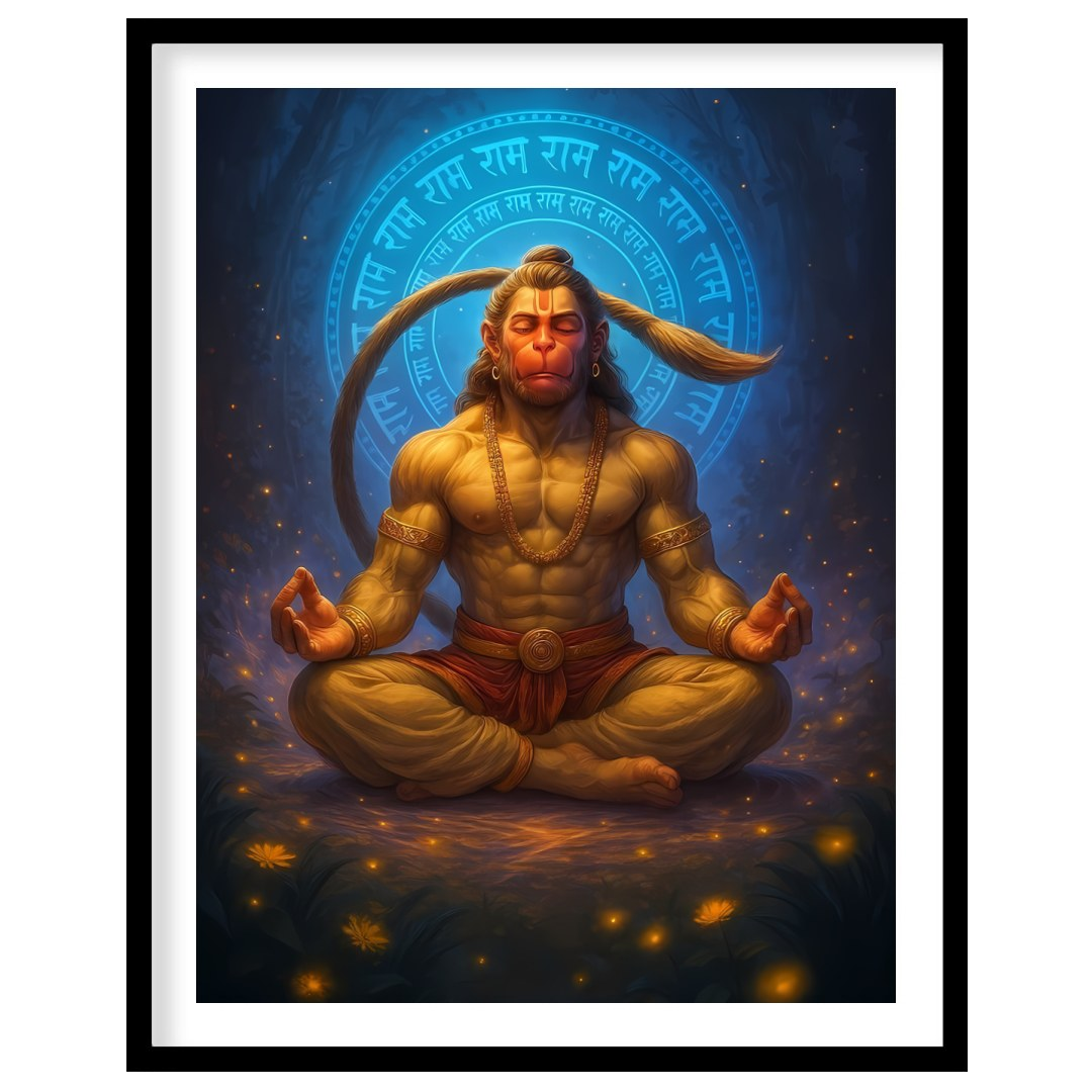 Immerse yourself in the tranquil energy of this exquisite artwork depicting Hanuman in a serene for space