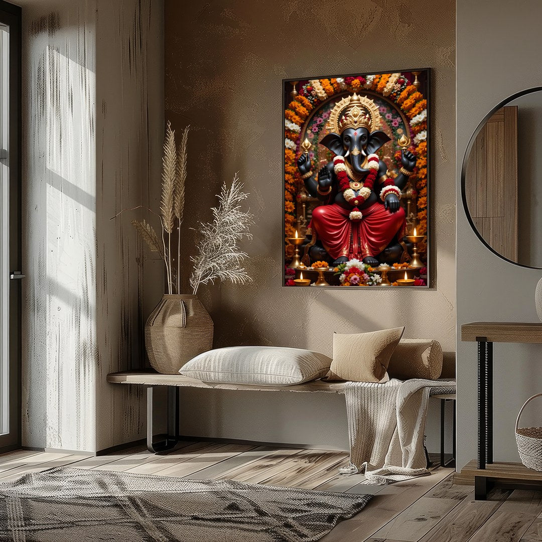 Immerse your space with the sacred tranquility of this exquisite Ganesh artwork. Surrounded by for area