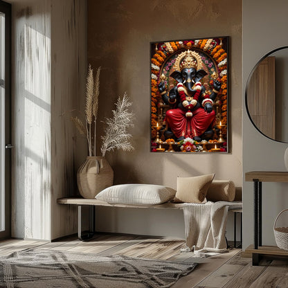 Immerse your space with the sacred tranquility of this exquisite Ganesh artwork. Surrounded by for area