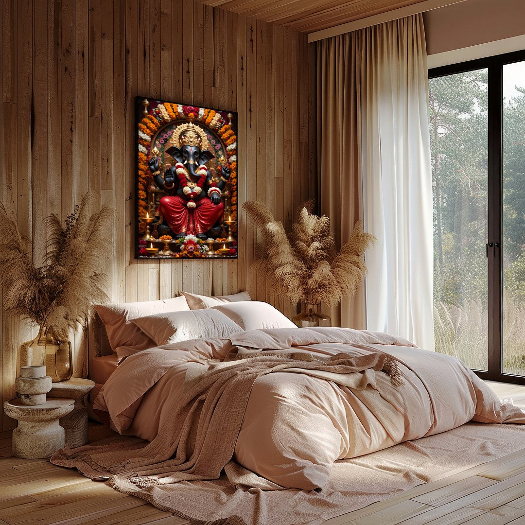 Immerse your space with the sacred tranquility of this exquisite Ganesh artwork. Surrounded by for Bedroom