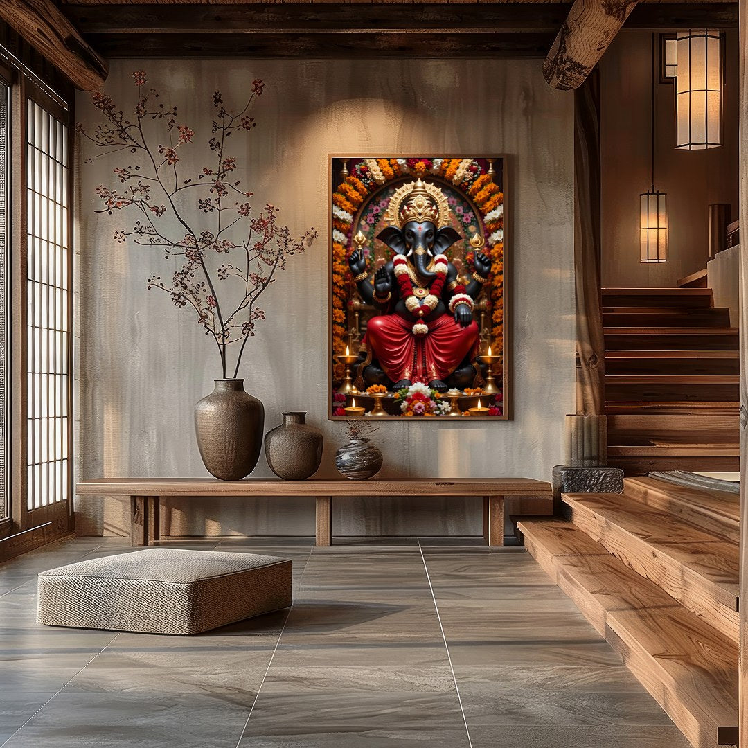 Immerse your space with the sacred tranquility of this exquisite Ganesh artwork. Surrounded by for Hall