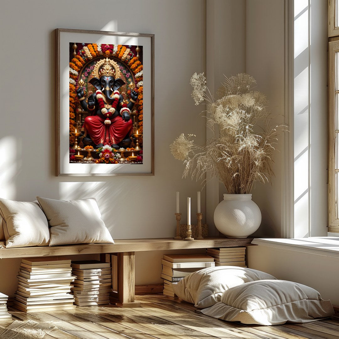 Immerse your space with the sacred tranquility of this exquisite Ganesh artwork. Surrounded by for home