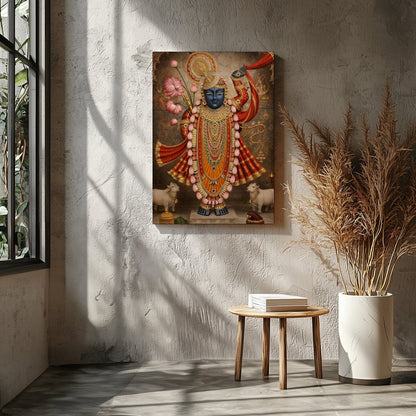 Revel in the divine presence of Shrinathji, exquisitely adorned with golden embellishments and for Home Temple