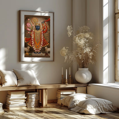 Revel in the divine presence of Shrinathji, exquisitely adorned with golden embellishments and for Living Room