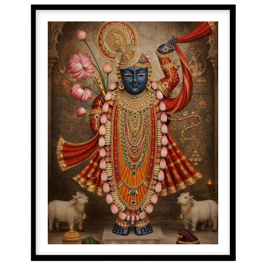 Revel in the divine presence of Shrinathji, exquisitely adorned with golden embellishments and for lovely-house