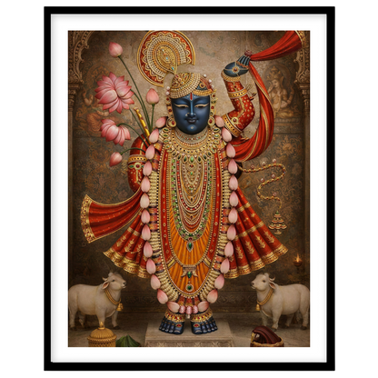 Revel in the divine presence of Shrinathji, exquisitely adorned with golden embellishments and for lovely-house
