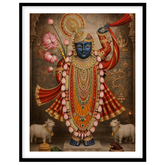 Revel in the divine presence of Shrinathji, exquisitely adorned with golden embellishments and for lovely-house