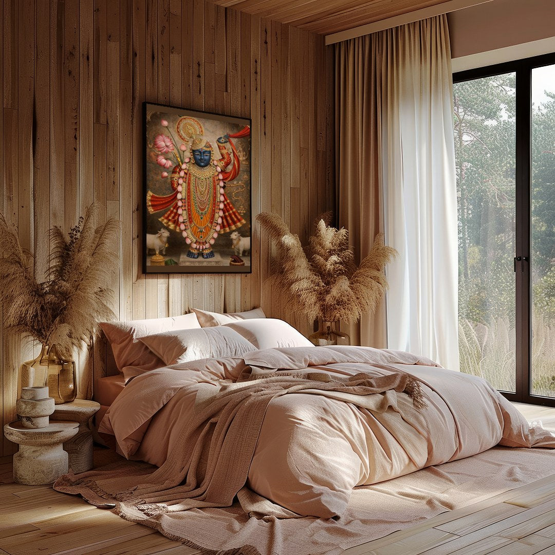 Revel in the divine presence of Shrinathji, exquisitely adorned with golden embellishments and for Study