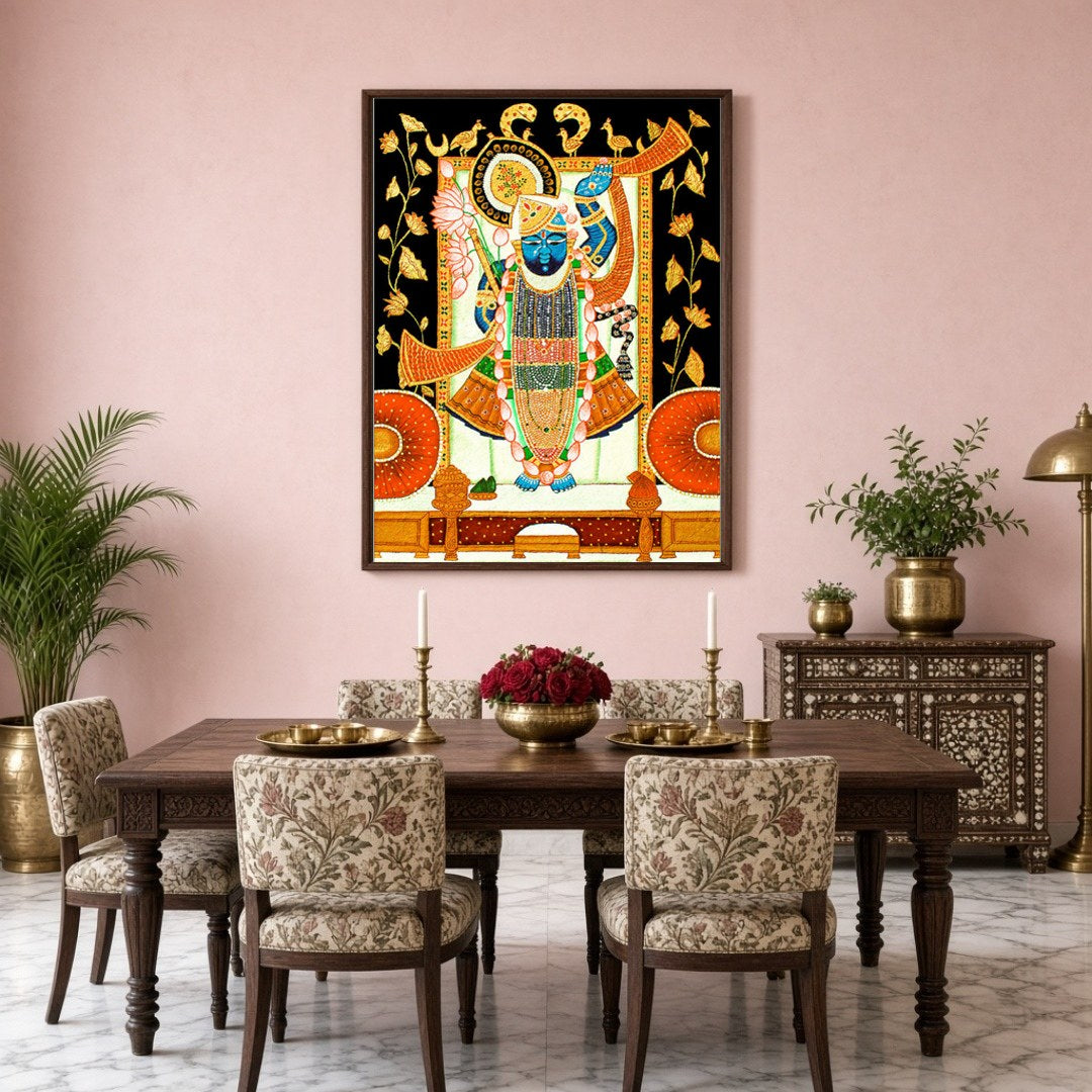 This exquisite Pichwai artwork captures Shrinathji surrounded by intricate lotus and cow motifs. for Dining