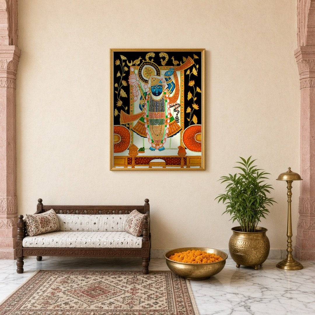 This exquisite Pichwai artwork captures Shrinathji surrounded by intricate lotus and cow motifs. for Entrance