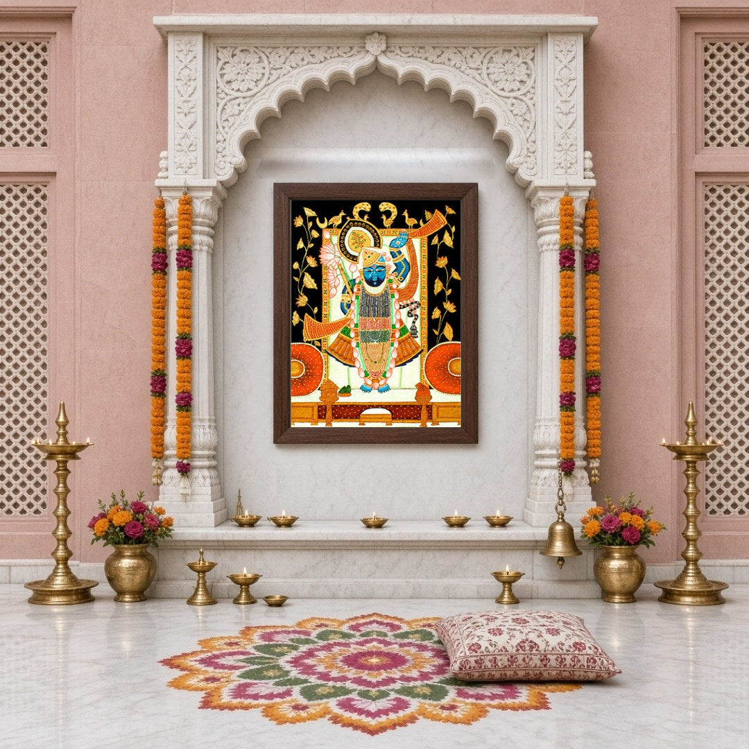 This exquisite Pichwai artwork captures Shrinathji surrounded by intricate lotus and cow motifs. for Home Temple