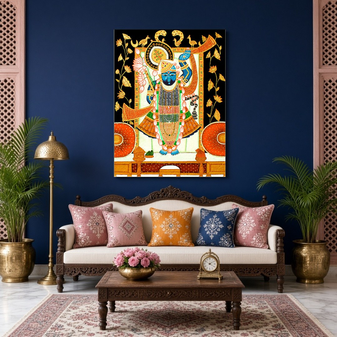 This exquisite Pichwai artwork captures Shrinathji surrounded by intricate lotus and cow motifs. for Living Room