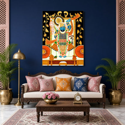 This exquisite Pichwai artwork captures Shrinathji surrounded by intricate lotus and cow motifs. for Living Room