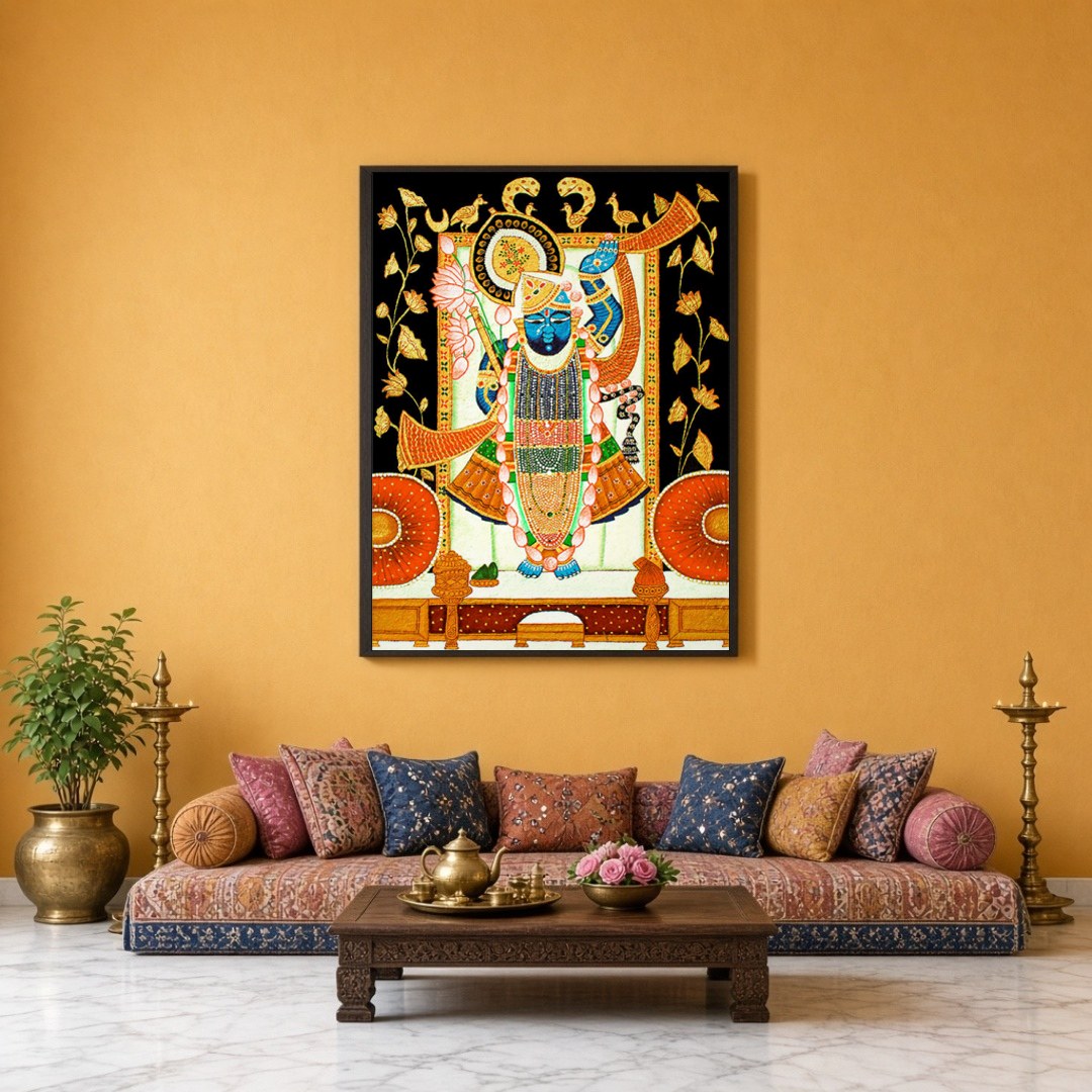 This exquisite Pichwai artwork captures Shrinathji surrounded by intricate lotus and cow motifs. for Sitting Lounge