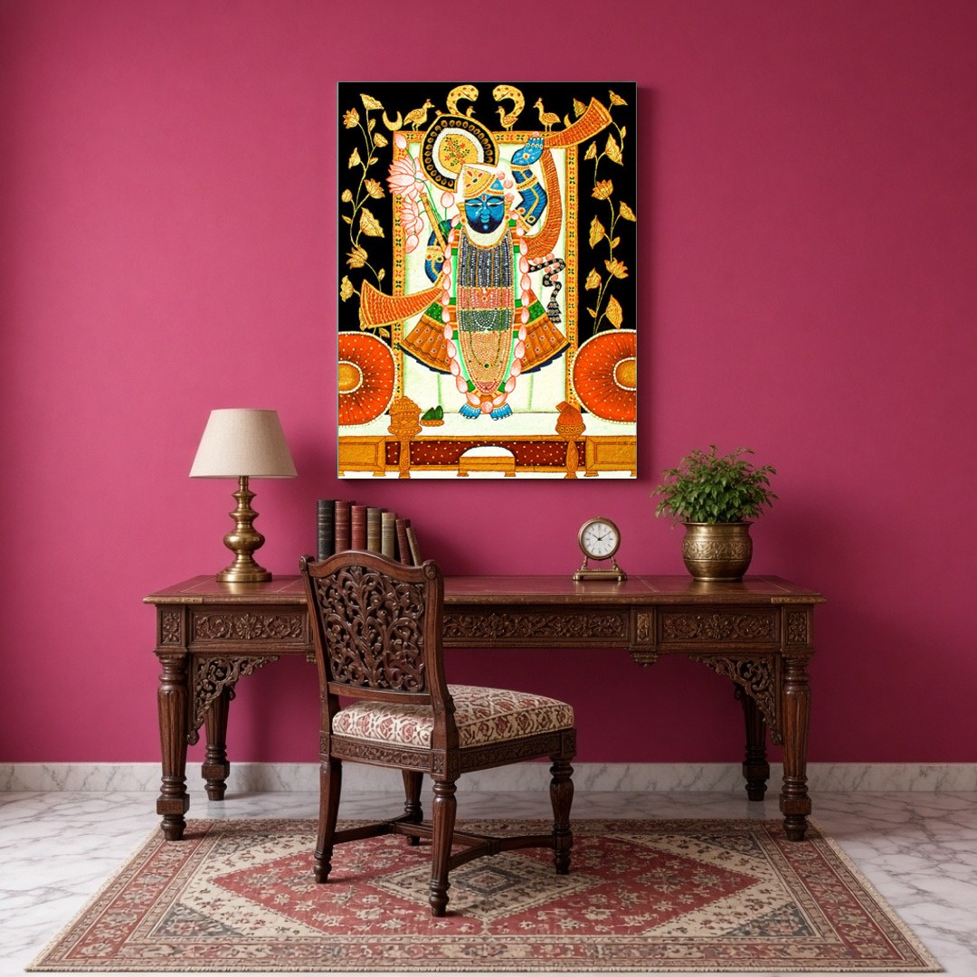 This exquisite Pichwai artwork captures Shrinathji surrounded by intricate lotus and cow motifs. for Study