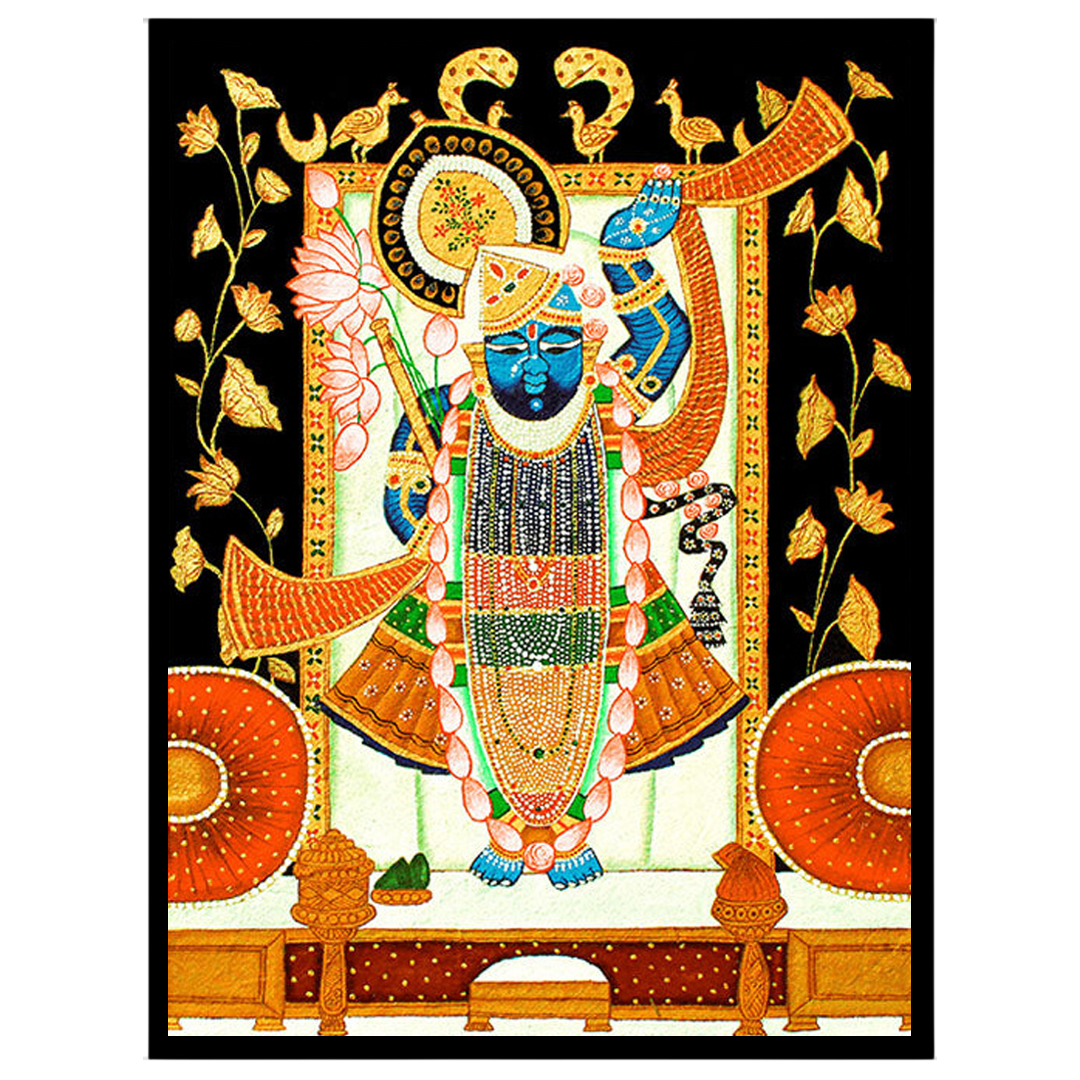 This exquisite Pichwai artwork captures Shrinathji surrounded by intricate lotus and cow motifs. for sweet-home