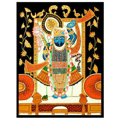 This exquisite Pichwai artwork captures Shrinathji surrounded by intricate lotus and cow motifs. for sweet-home
