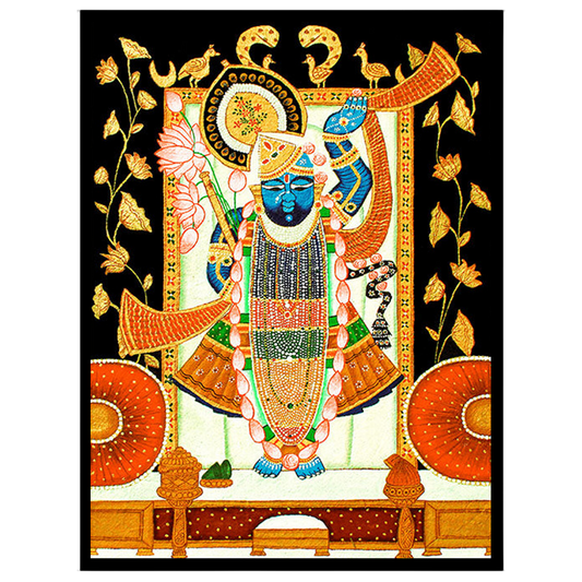 This exquisite Pichwai artwork captures Shrinathji surrounded by intricate lotus and cow motifs. for sweet-home