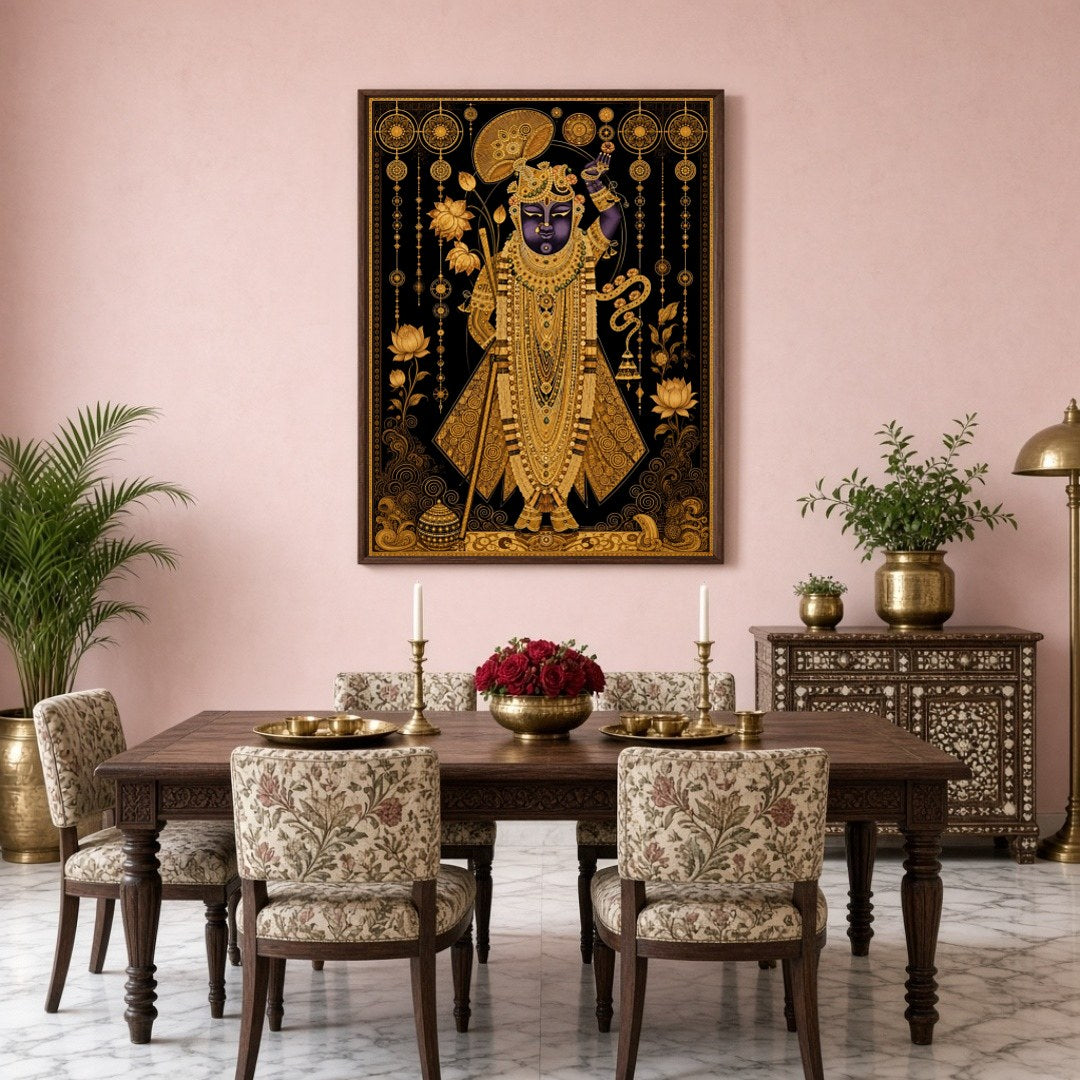 This exquisite Pichwai artwork captures the divine presence of Shrinathji, adorned with intricate for Dining