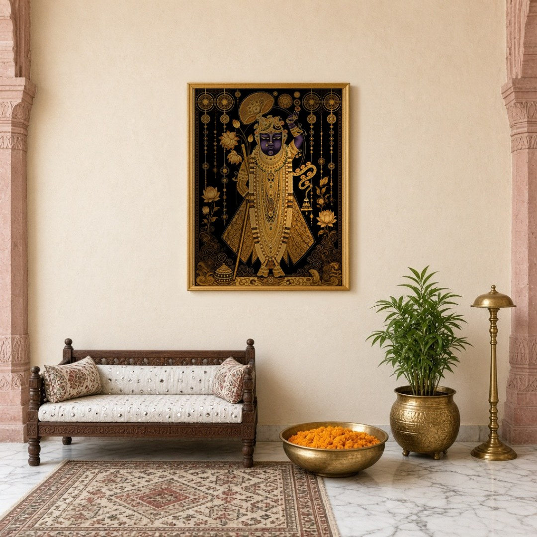 This exquisite Pichwai artwork captures the divine presence of Shrinathji, adorned with intricate for Entrance