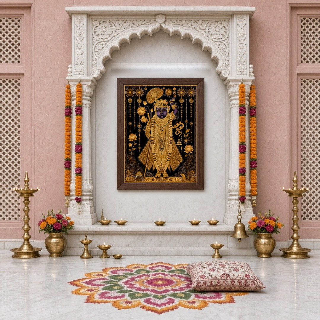 This exquisite Pichwai artwork captures the divine presence of Shrinathji, adorned with intricate for Home Temple