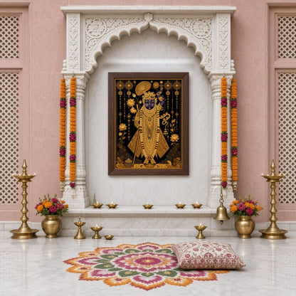 This exquisite Pichwai artwork captures the divine presence of Shrinathji, adorned with intricate for Home Temple