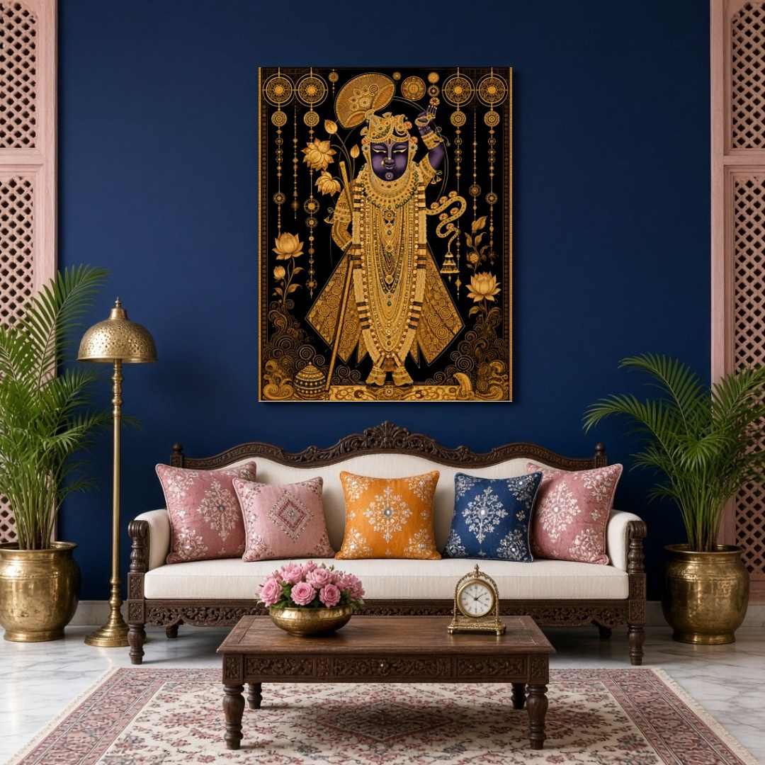 This exquisite Pichwai artwork captures the divine presence of Shrinathji, adorned with intricate for Living Room