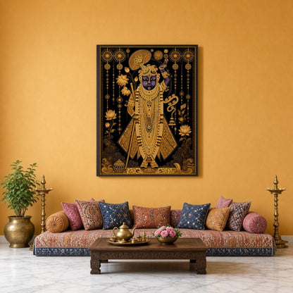 This exquisite Pichwai artwork captures the divine presence of Shrinathji, adorned with intricate for Sitting Lounge