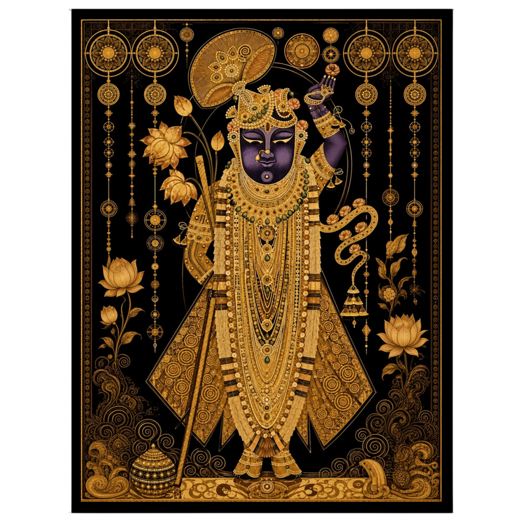 This exquisite Pichwai artwork captures the divine presence of Shrinathji, adorned with intricate for studio