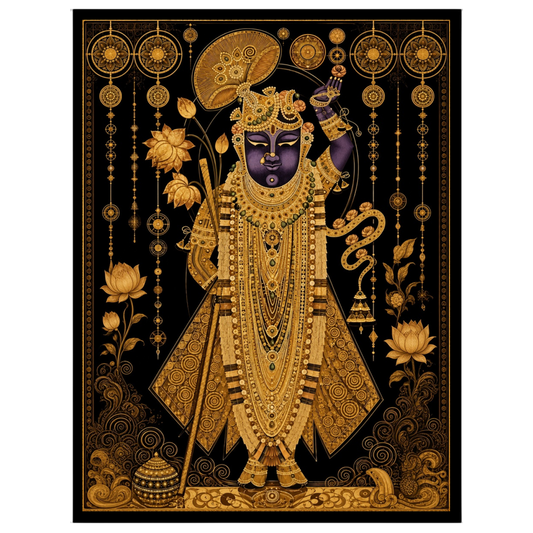 This exquisite Pichwai artwork captures the divine presence of Shrinathji, adorned with intricate for studio