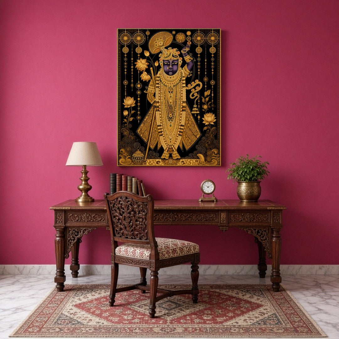 This exquisite Pichwai artwork captures the divine presence of Shrinathji, adorned with intricate for Study