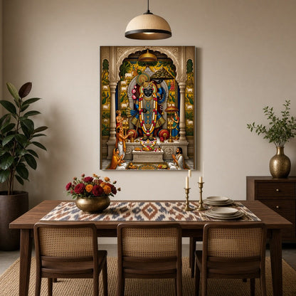 Immerse yourself in the divine grace of Shrinathji depicted in this exquisite Pichwai artwork. This for Dining