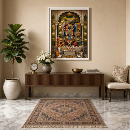 Immerse yourself in the divine grace of Shrinathji depicted in this exquisite Pichwai artwork. This for Entrance