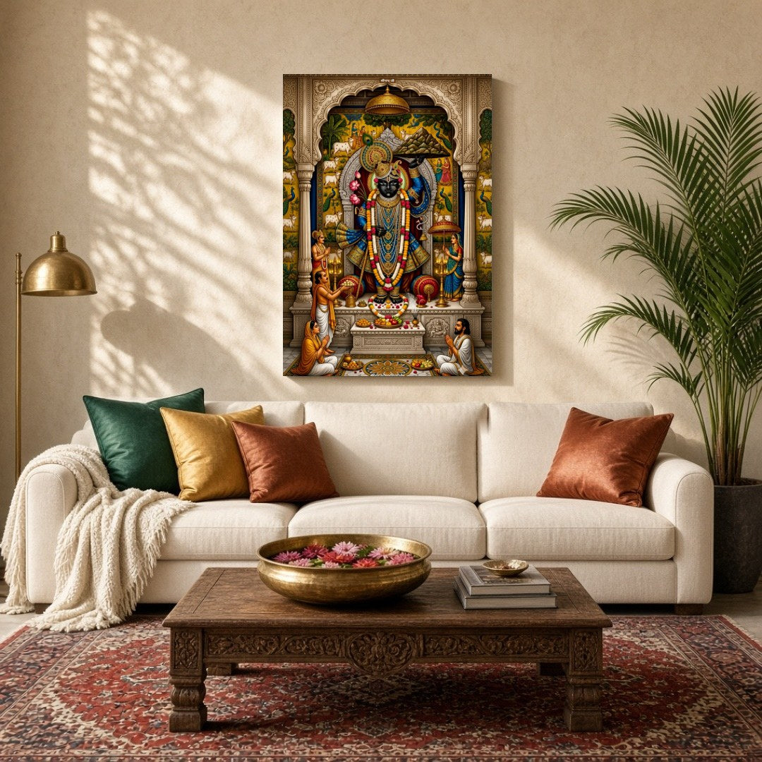 Immerse yourself in the divine grace of Shrinathji depicted in this exquisite Pichwai artwork. This for Living Room